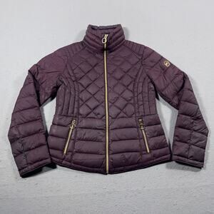 Michael Kors Down Puffer‎ Jacket Women Medium Burgundy Quilted Gold Zip Packable
